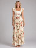 Women’s Floral Pleated Maxi Dress – Ruffle Sleeve Flowing Fit
