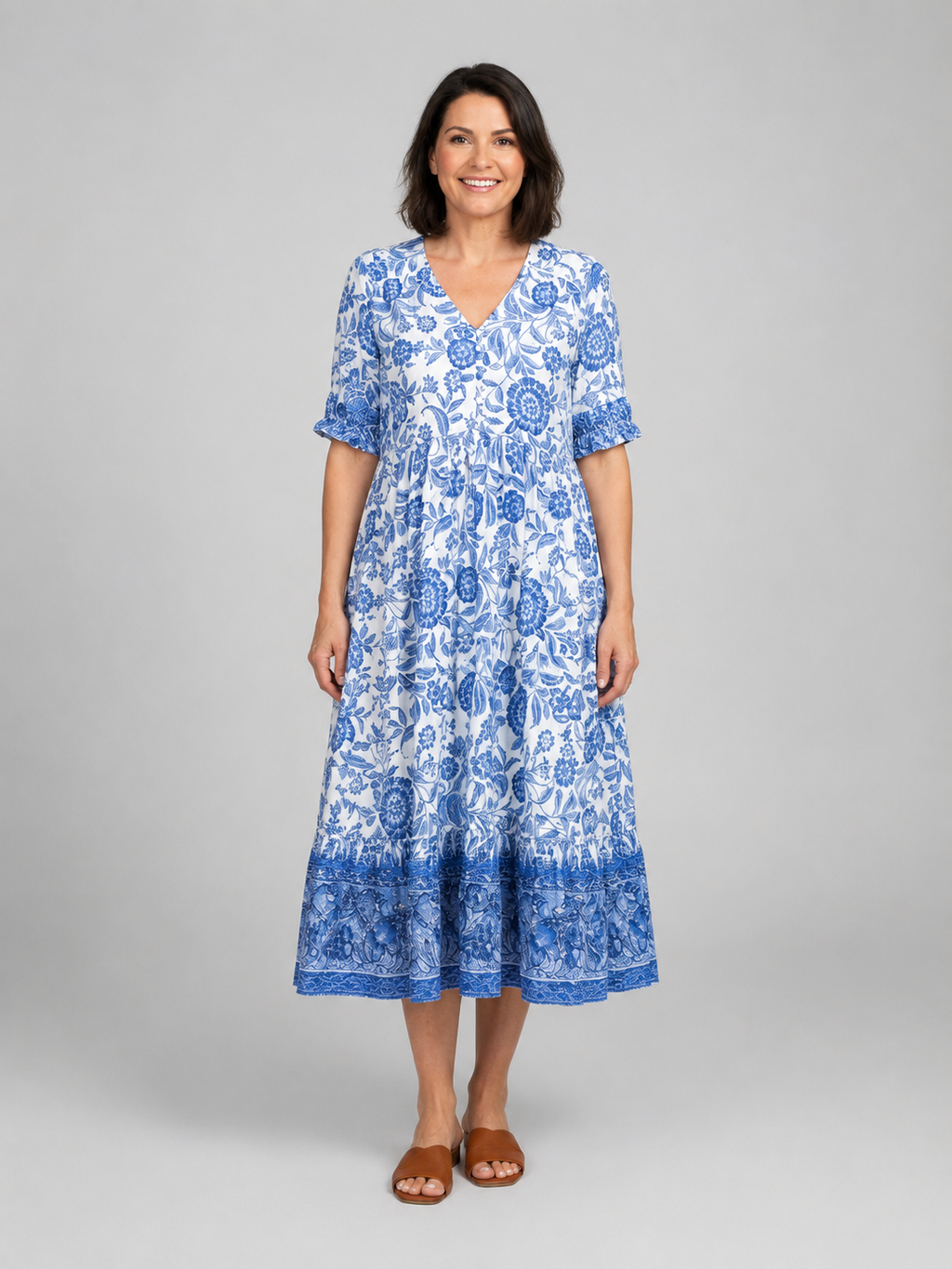 Women's Floral Print Midi Dress – V-Neck Tiered Summer Style