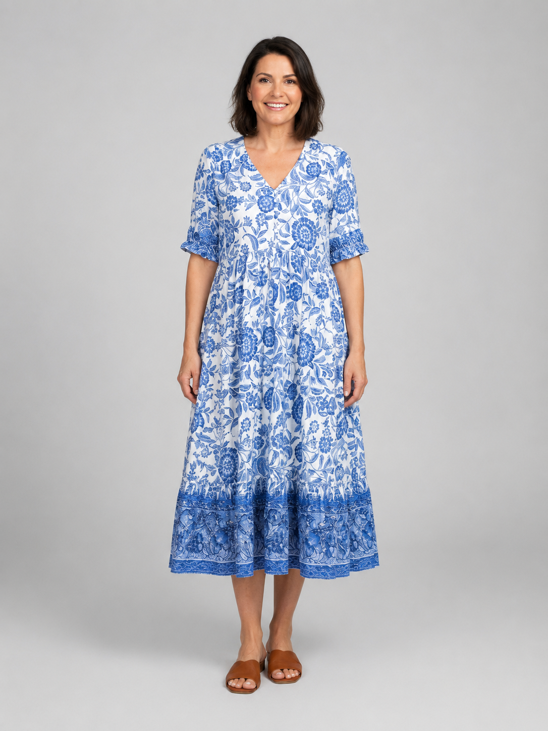Women's Floral Print Midi Dress – V-Neck Tiered Summer Style