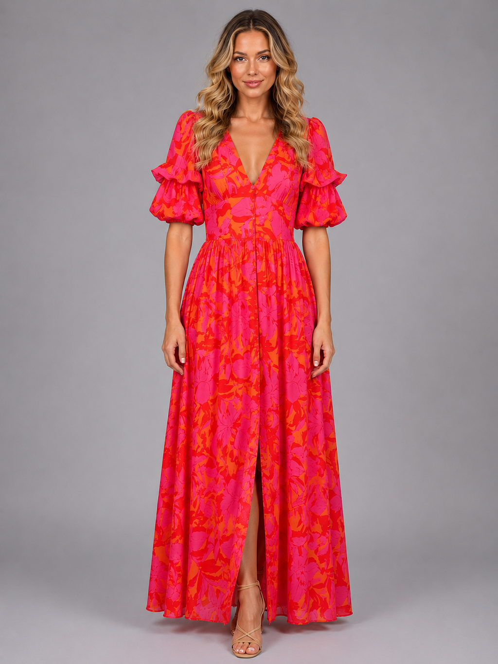 Women’s Floral Puff Sleeve Maxi Dress – Summer Occasion Style