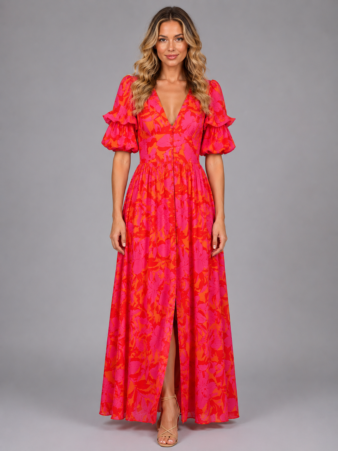 Women’s Floral Puff Sleeve Maxi Dress – Summer Occasion Style