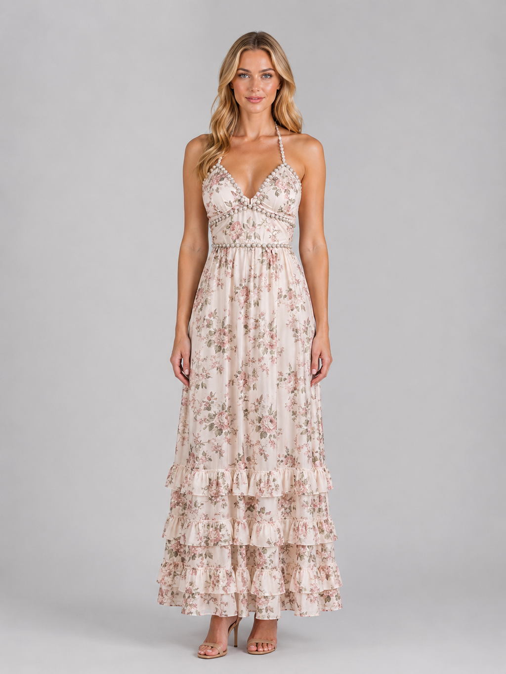 Women's Floral Ruffle Maxi Dress – Beaded Halter Neck