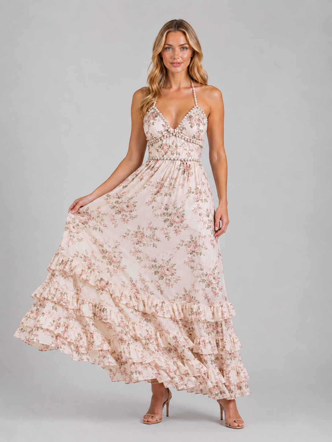 Women's Floral Ruffle Maxi Dress – Beaded Halter Neck