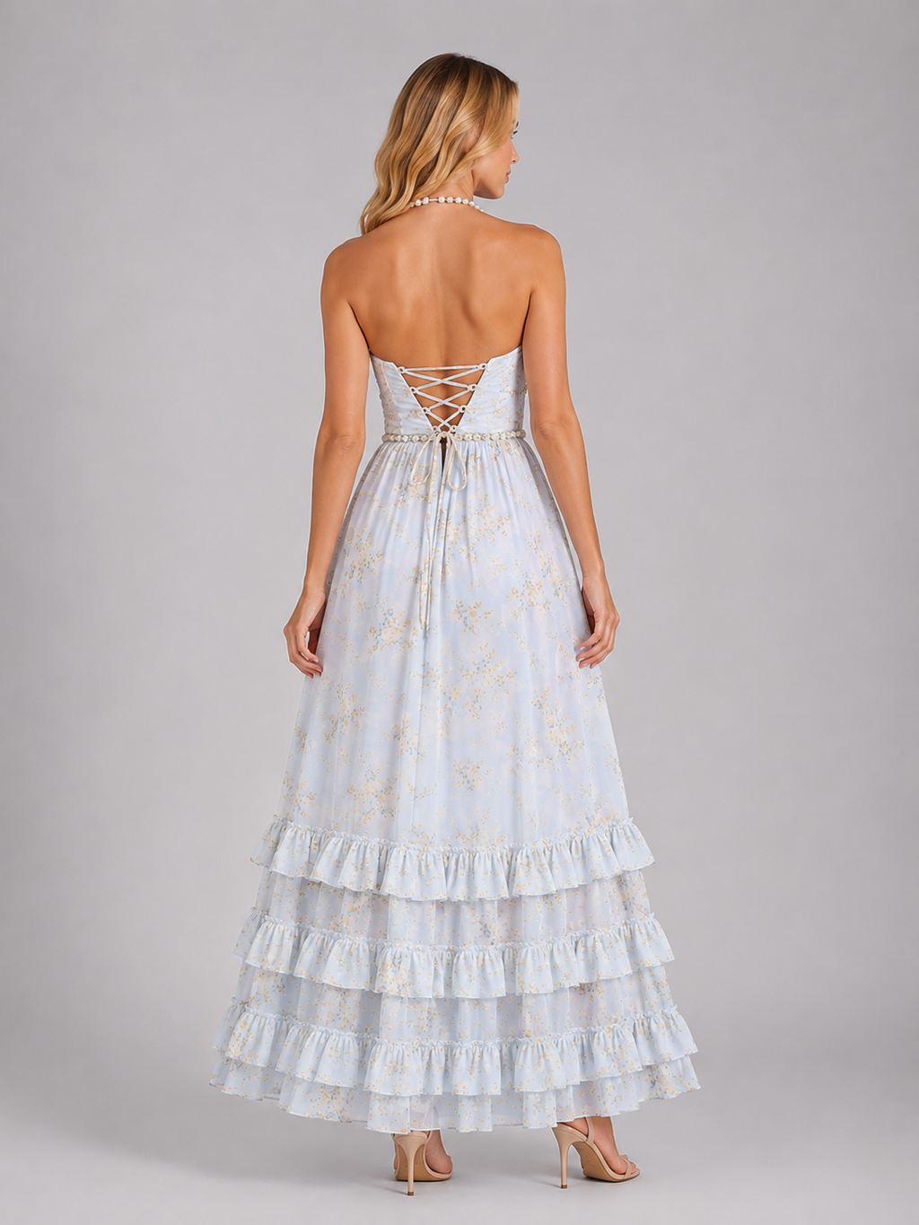 Women's Floral Ruffle Maxi Dress – Beaded Halter Neck