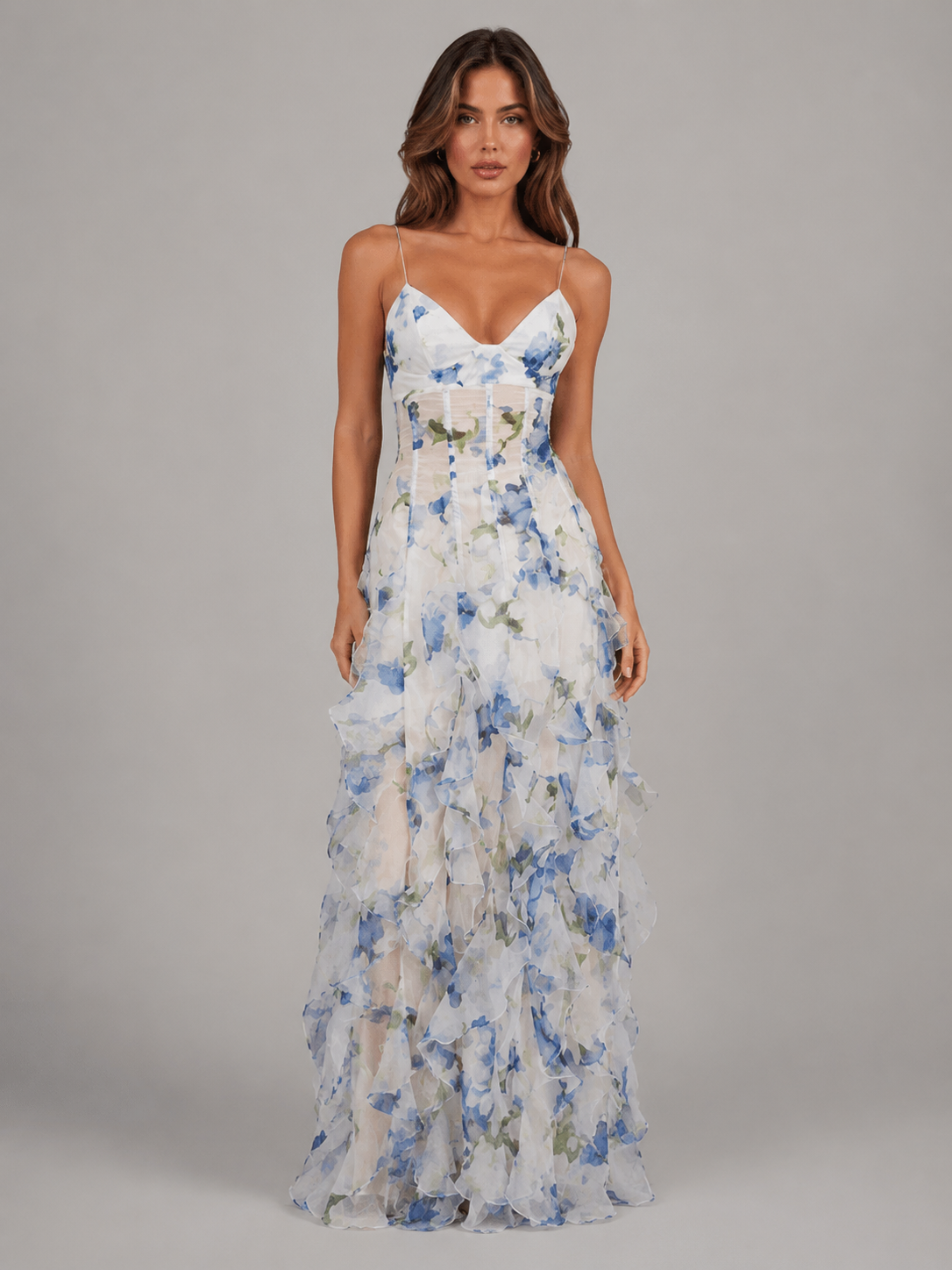 Women’s Floral Ruffle Maxi Dress – Chiffon Look Summer Elegance