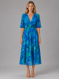 Women’s Floral V-Neck Midi Dress – Elegant Summer Occasion