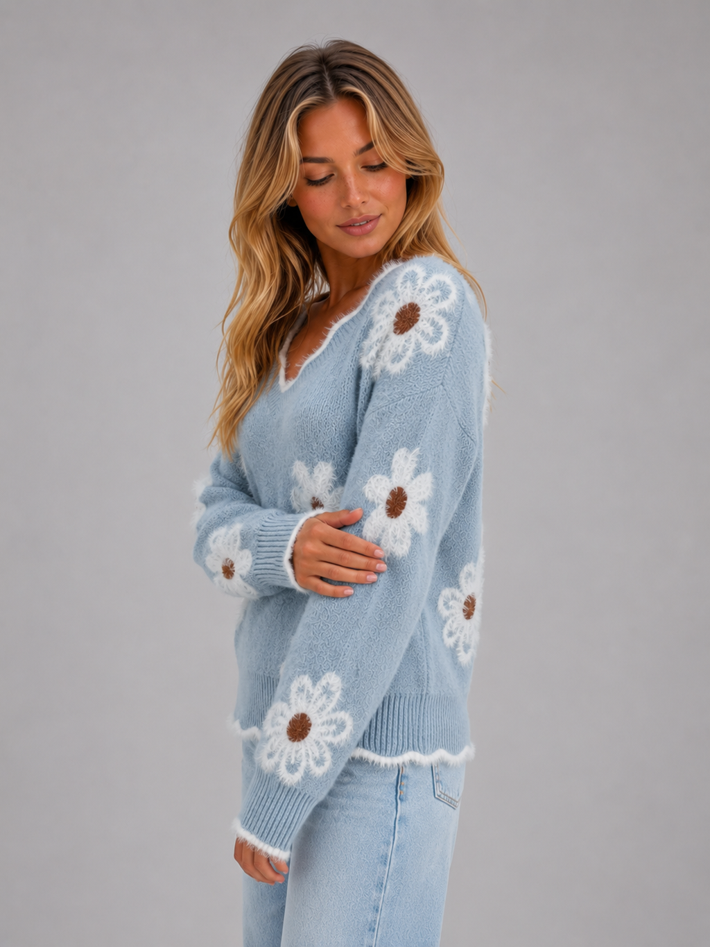 Women's Floral V-Neck Jumper – Soft Knit Casual Pullover