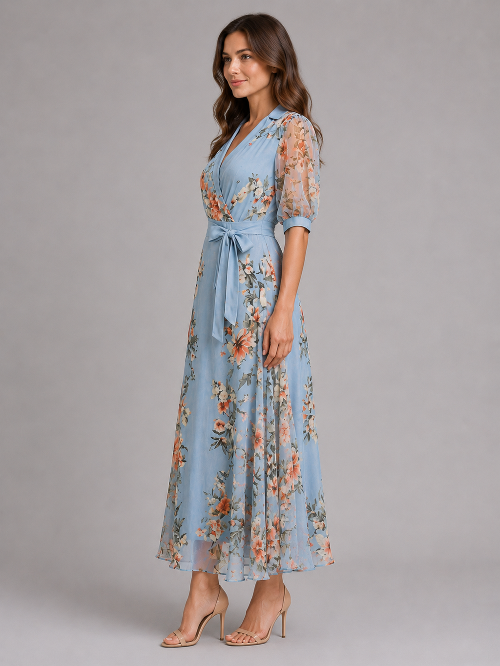 Women’s Floral Wrap Maxi Dress – Waist Tie Fit