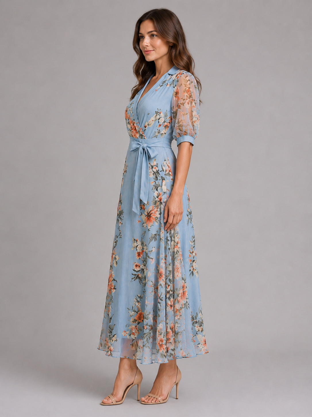 Women’s Floral Wrap Maxi Dress – Waist Tie Fit