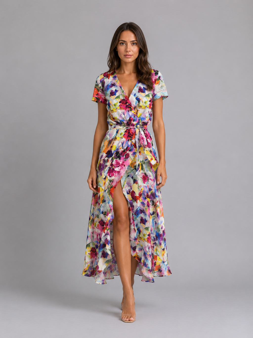 Women's Floral Wrap Midi Dress – Tie Waist Summer Style