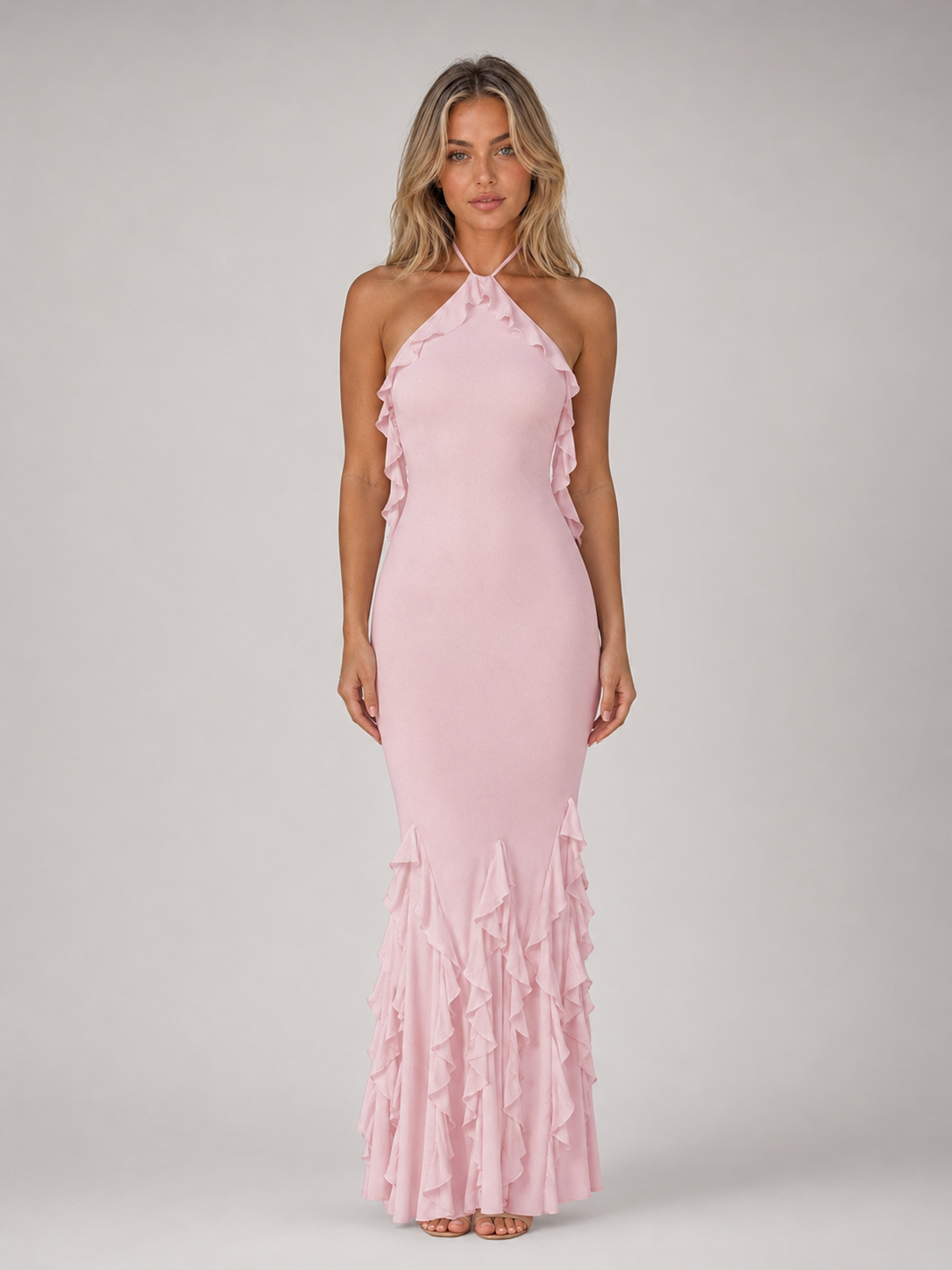 Women's Halterneck Ruffle Maxi Dress – Bodycon Fishtail Occasion Gown