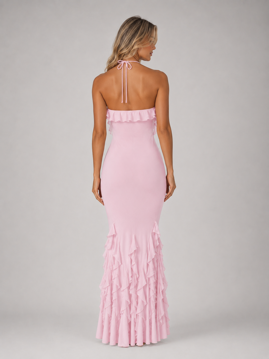 Women's Halterneck Ruffle Maxi Dress – Bodycon Fishtail Occasion Gown