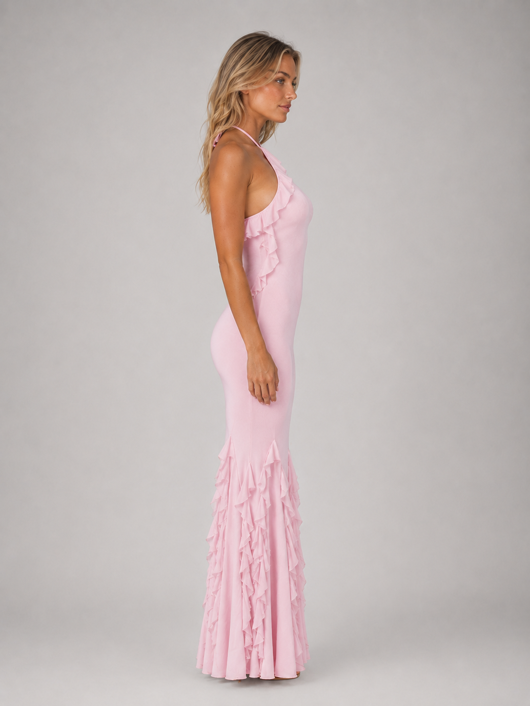 Women's Halterneck Ruffle Maxi Dress – Bodycon Fishtail Occasion Gown