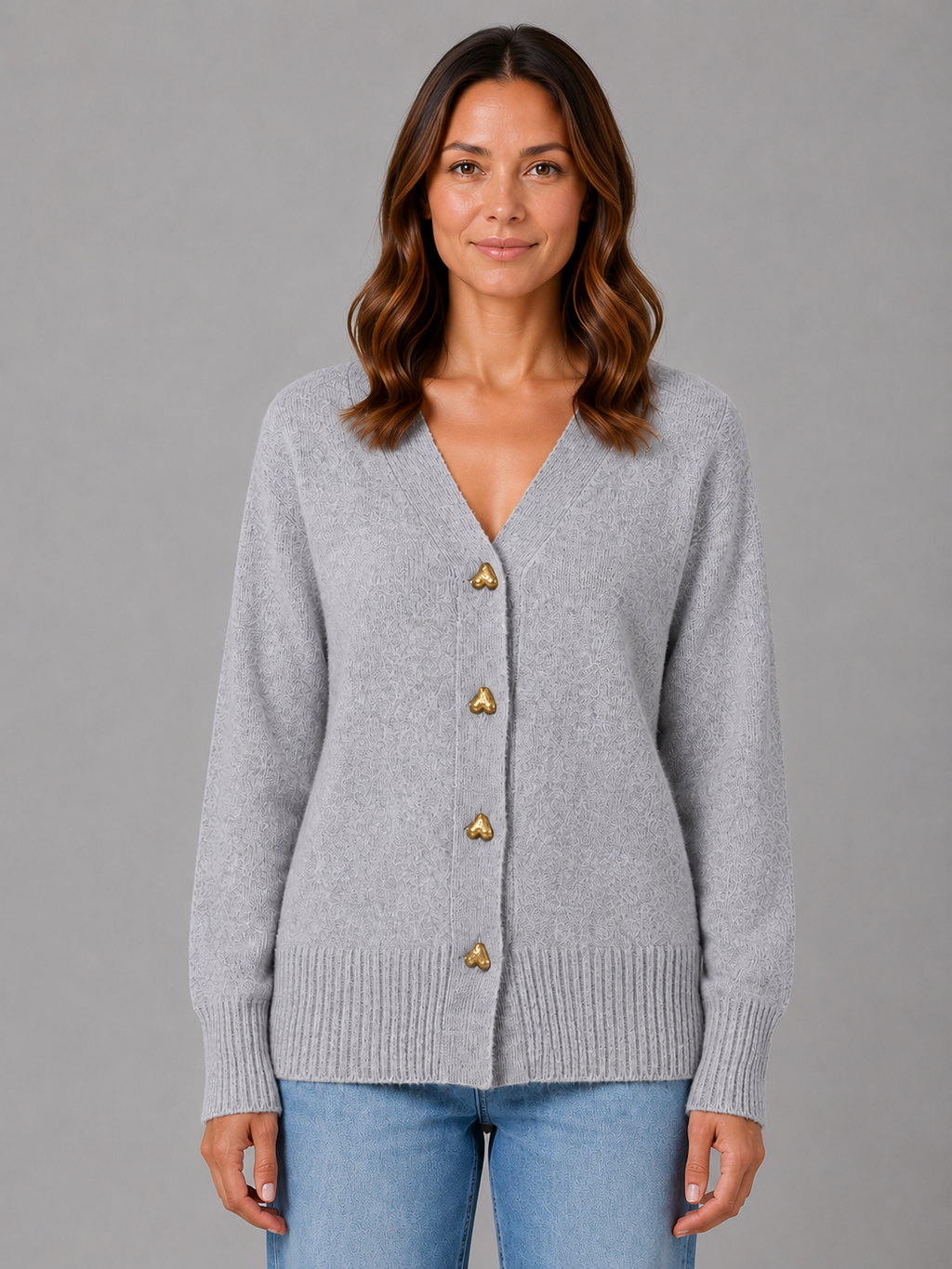 Women's Heart Button Cardigan – Soft Knit V-Neck Button-Up Style