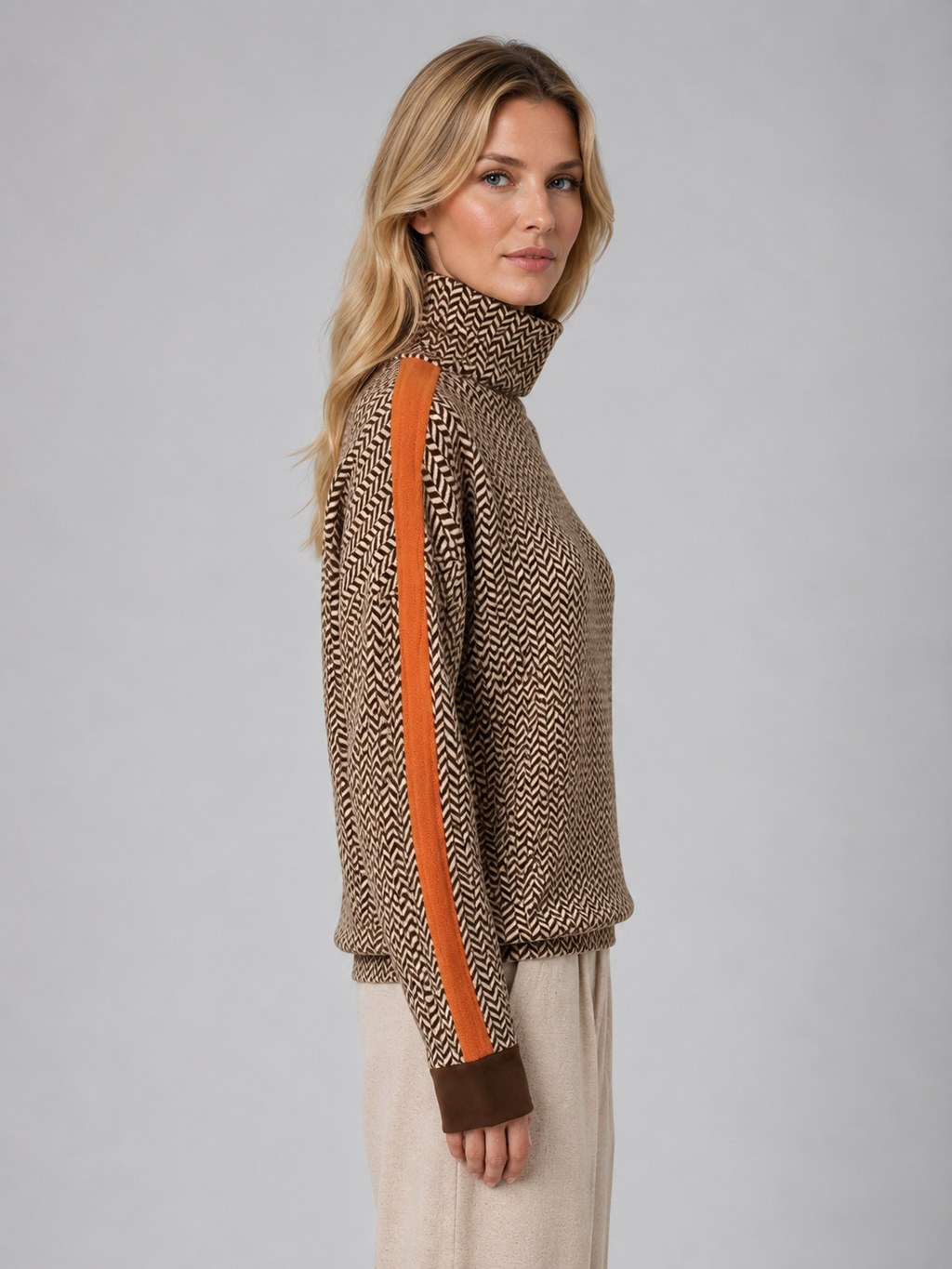 Women's Herringbone Turtleneck Jumper – Soft Knit High Neck Sweater