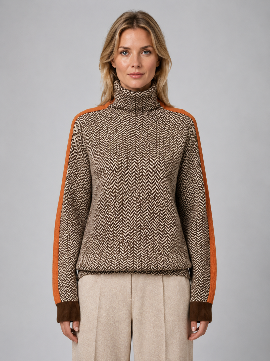 Women's Herringbone Turtleneck Jumper – Soft Knit High Neck Sweater