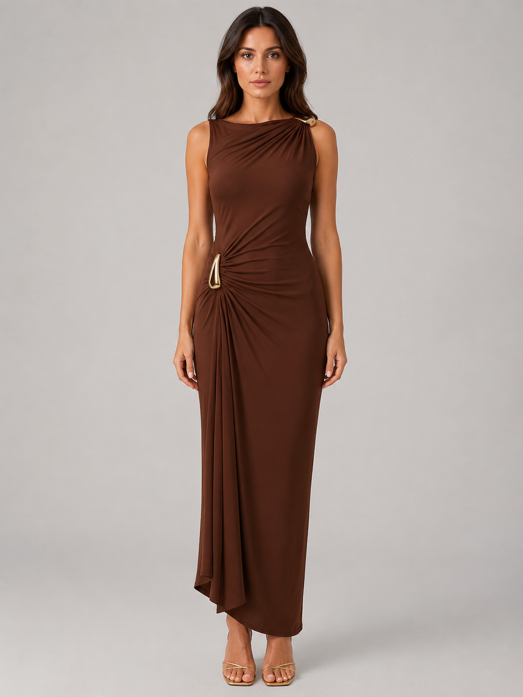 Women’s High Neck Ruched Maxi Dress –  Gold Detail Gown