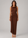 Women’s High Neck Ruched Maxi Dress –  Gold Detail Gown