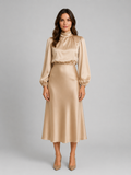 Women’s High Neck Satin Feel Midi Dress – Elegant Long Sleeve Fit