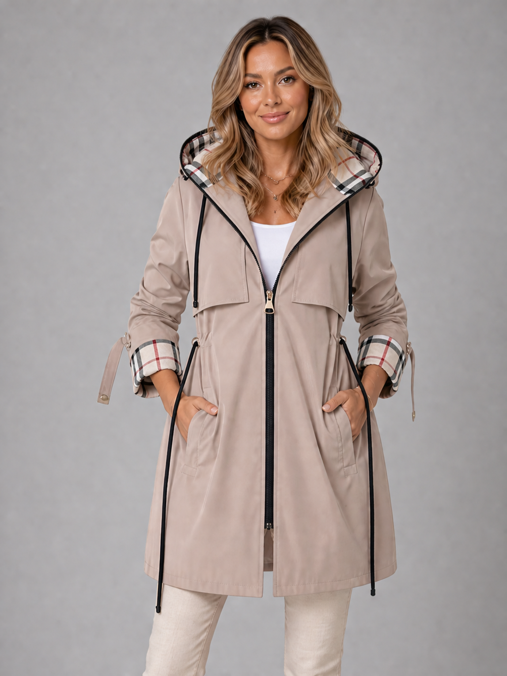 Women’s Hooded Long Jacket – Adjustable Waist Zip Rain Coat