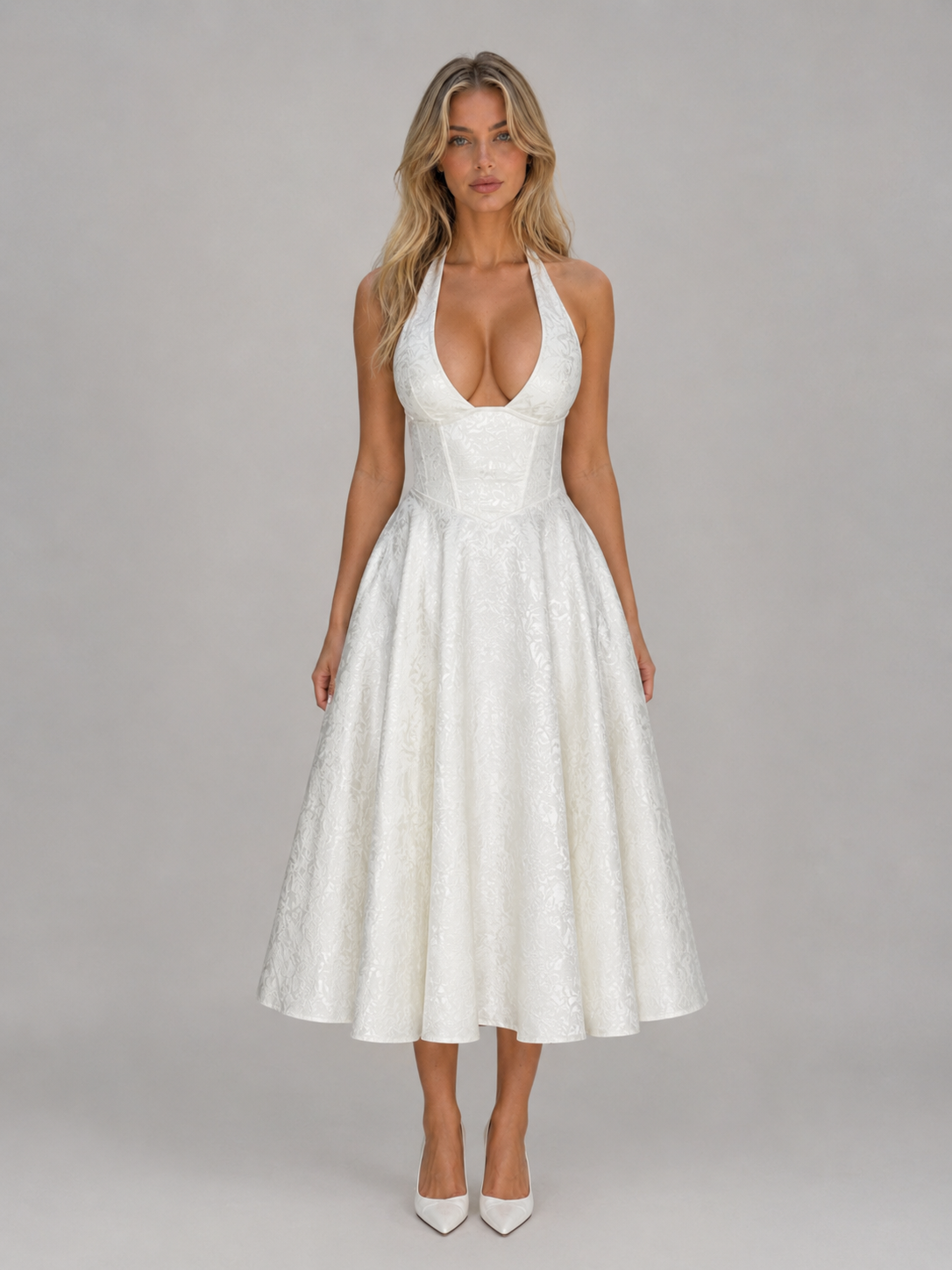 Women's Jacquard Halter Midi Dress – Full Skirt Occasion Style