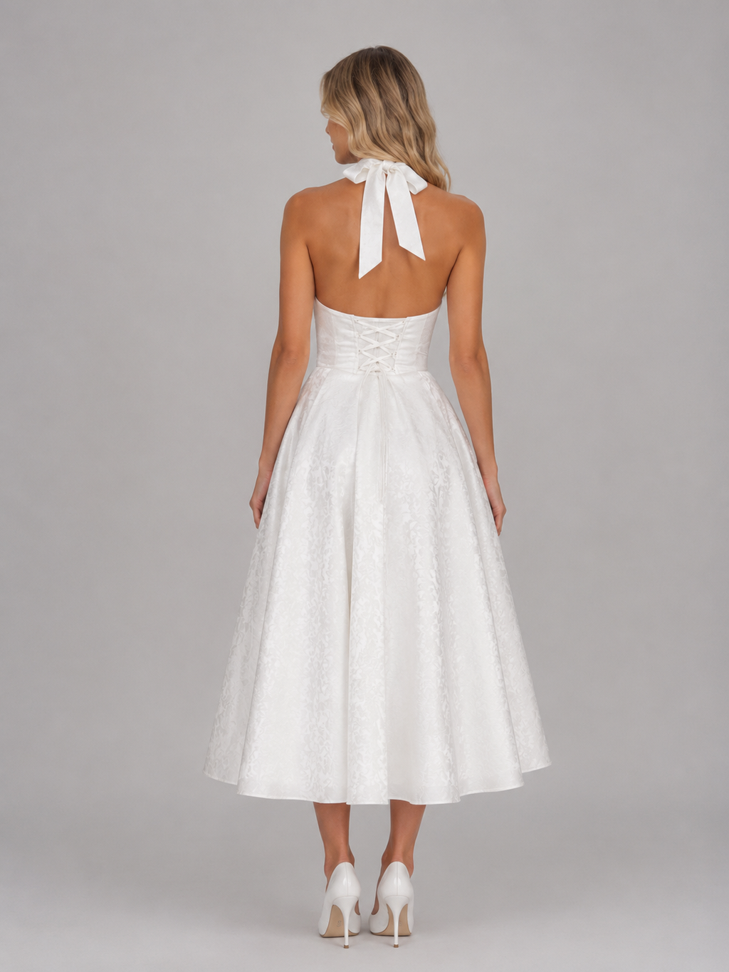 Women's Jacquard Halter Midi Dress – Full Skirt Occasion Style