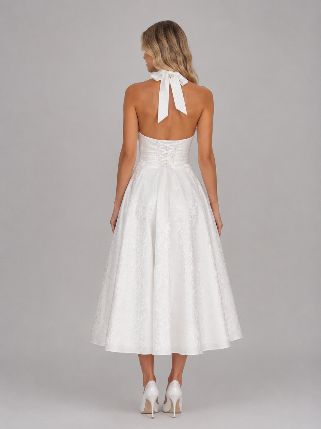 Women's Jacquard Halter Midi Dress – Full Skirt Occasion Style