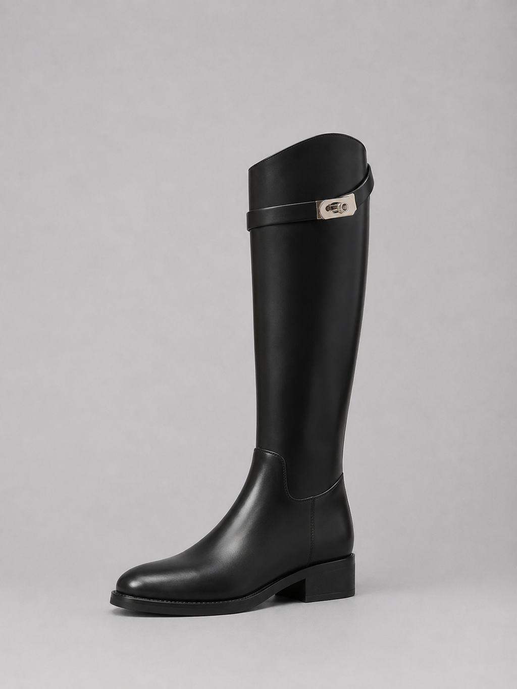 Women’s Knee High Leather Look Riding Boots – Buckle Detail Flat Boots