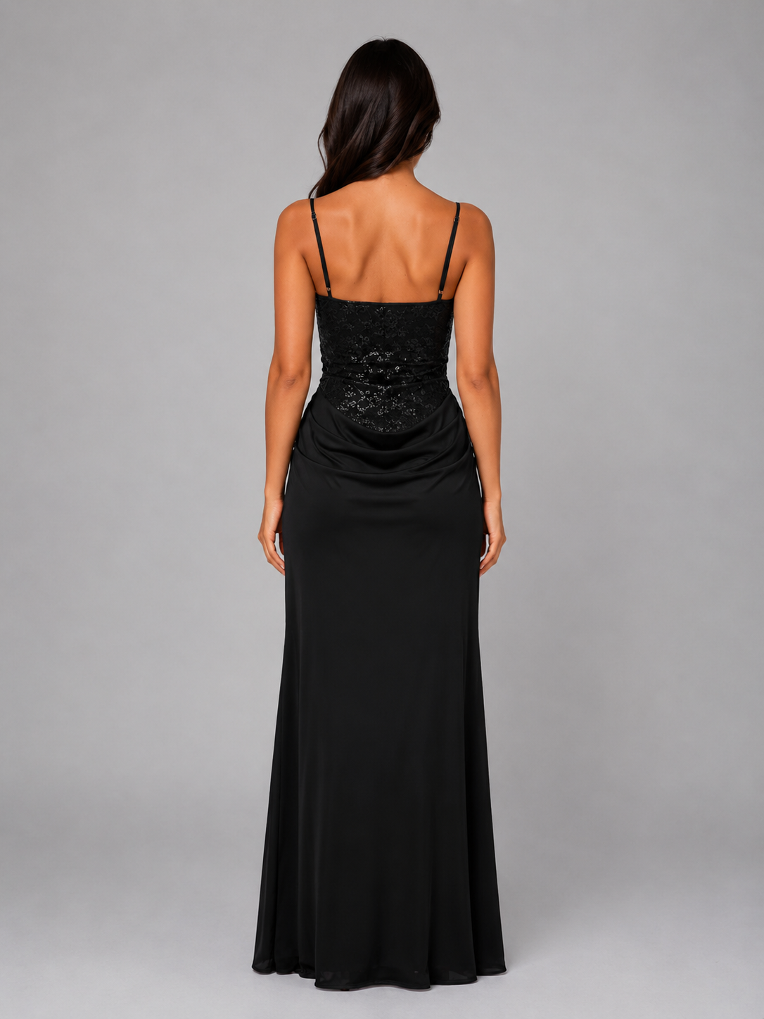 Women's Lace Bodice Maxi Dress – Ruched Evening Gown