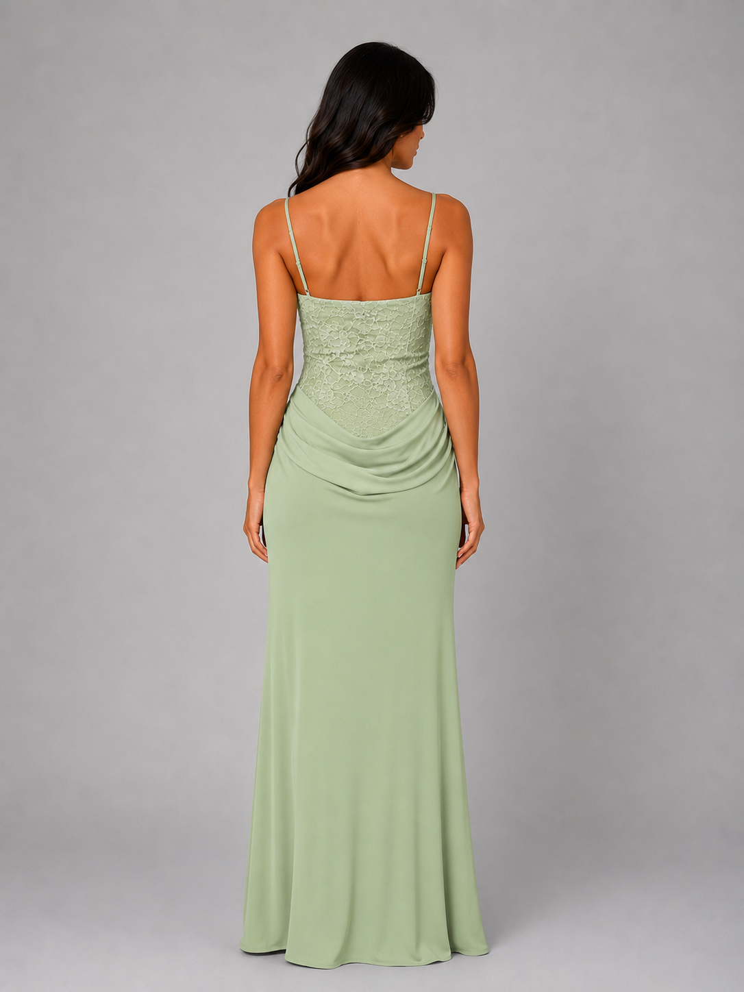 Women's Lace Bodice Maxi Dress – Ruched Evening Gown