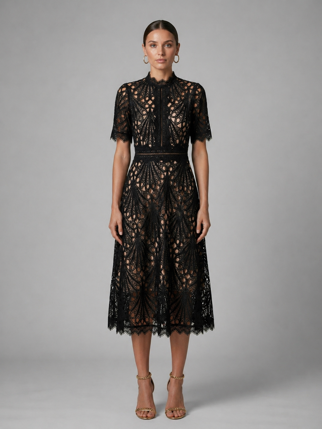 Women’s Lace Midi Dress – High Neck Elegant A-Line Silhouette