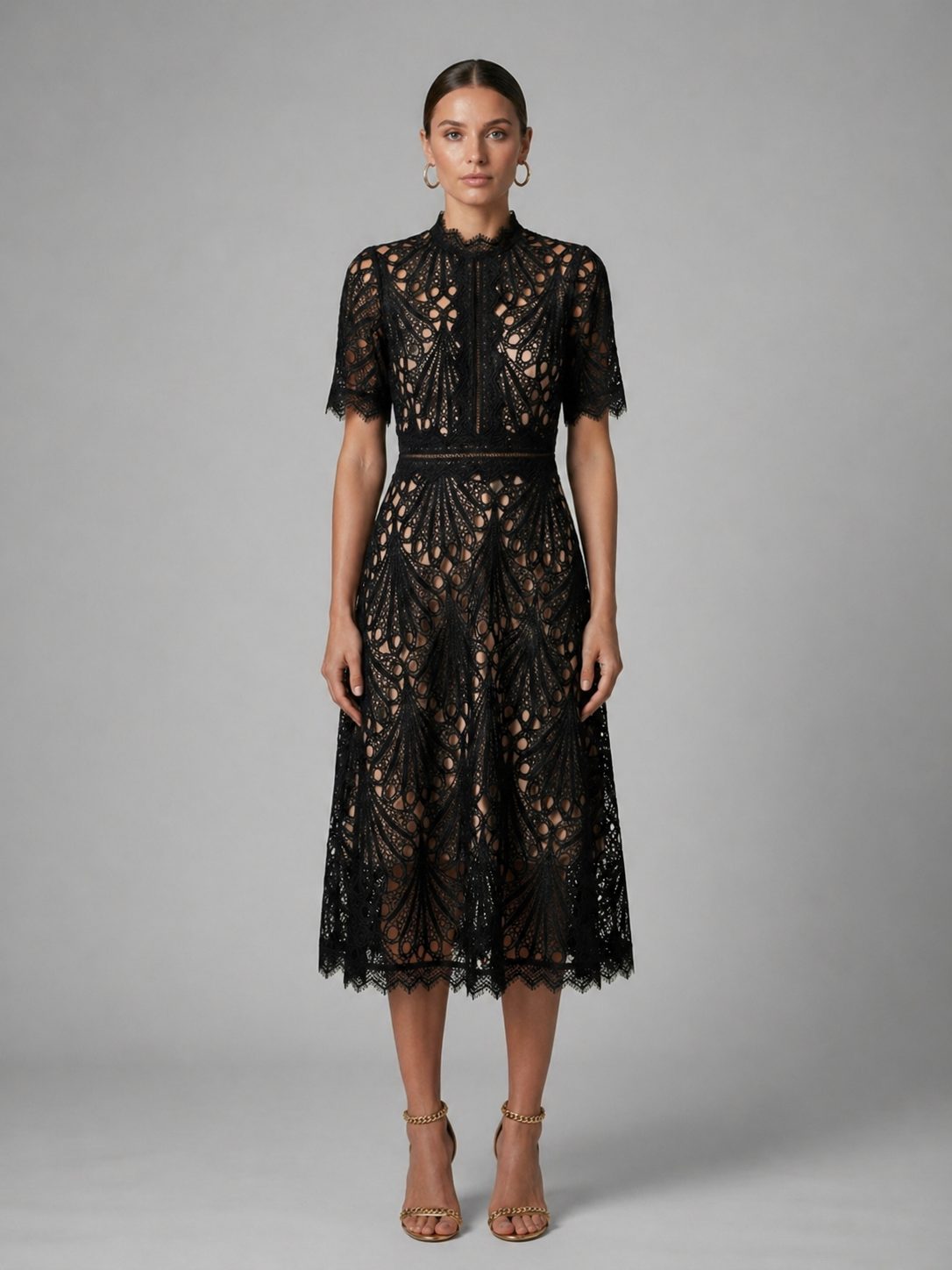Women’s Lace Midi Dress – High Neck Elegant A-Line Silhouette