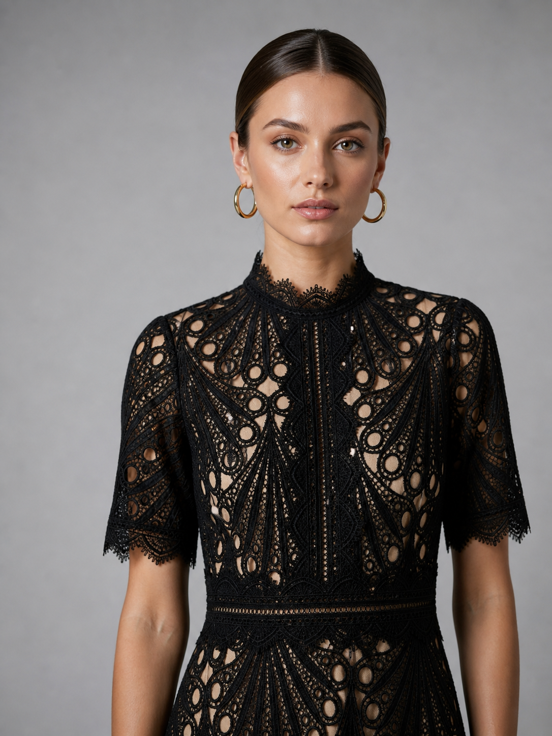 Women’s Lace Midi Dress – High Neck Elegant A-Line Silhouette