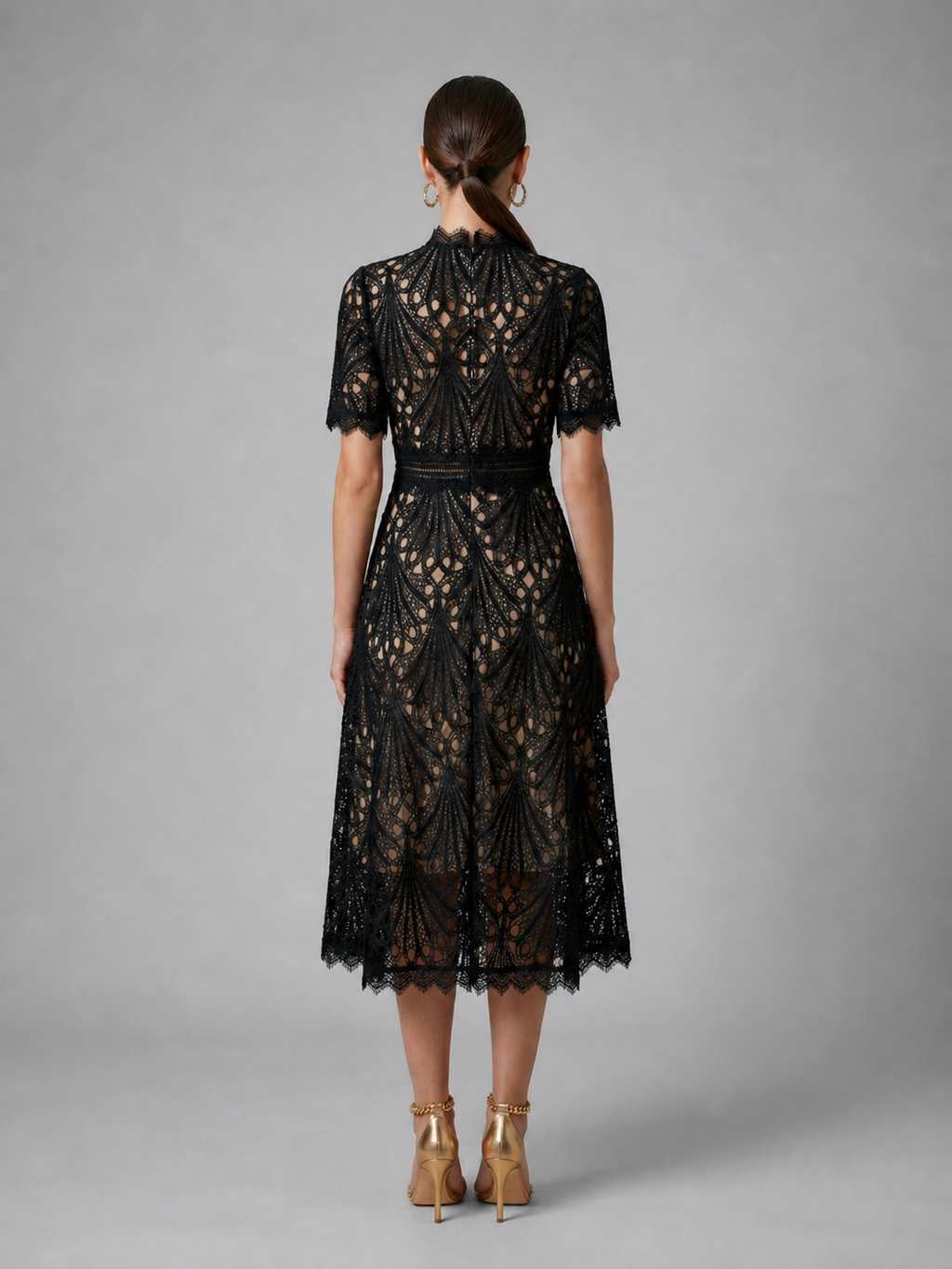 Women’s Lace Midi Dress – High Neck Elegant A-Line Silhouette