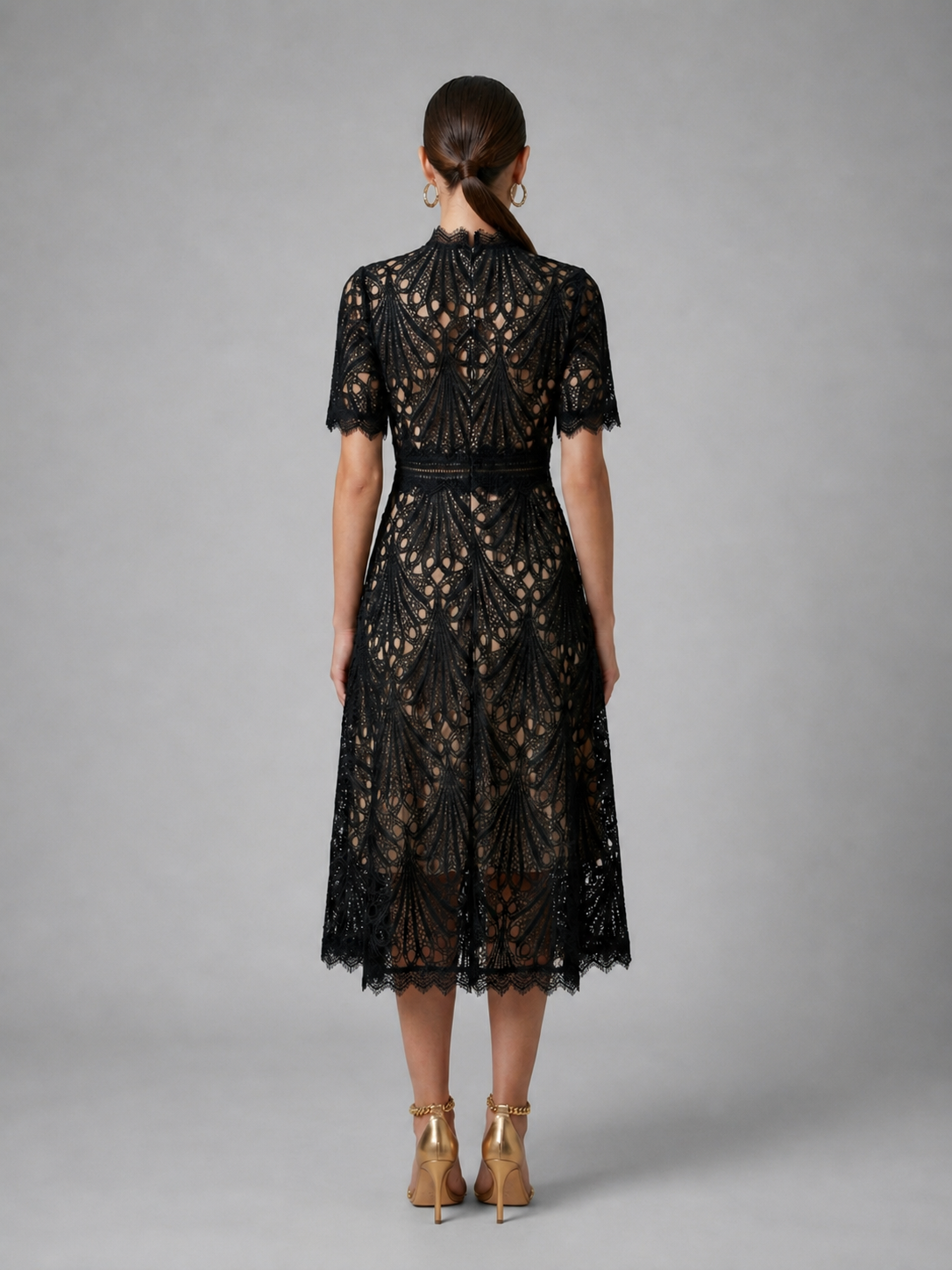 Women’s Lace Midi Dress – High Neck Elegant A-Line Silhouette