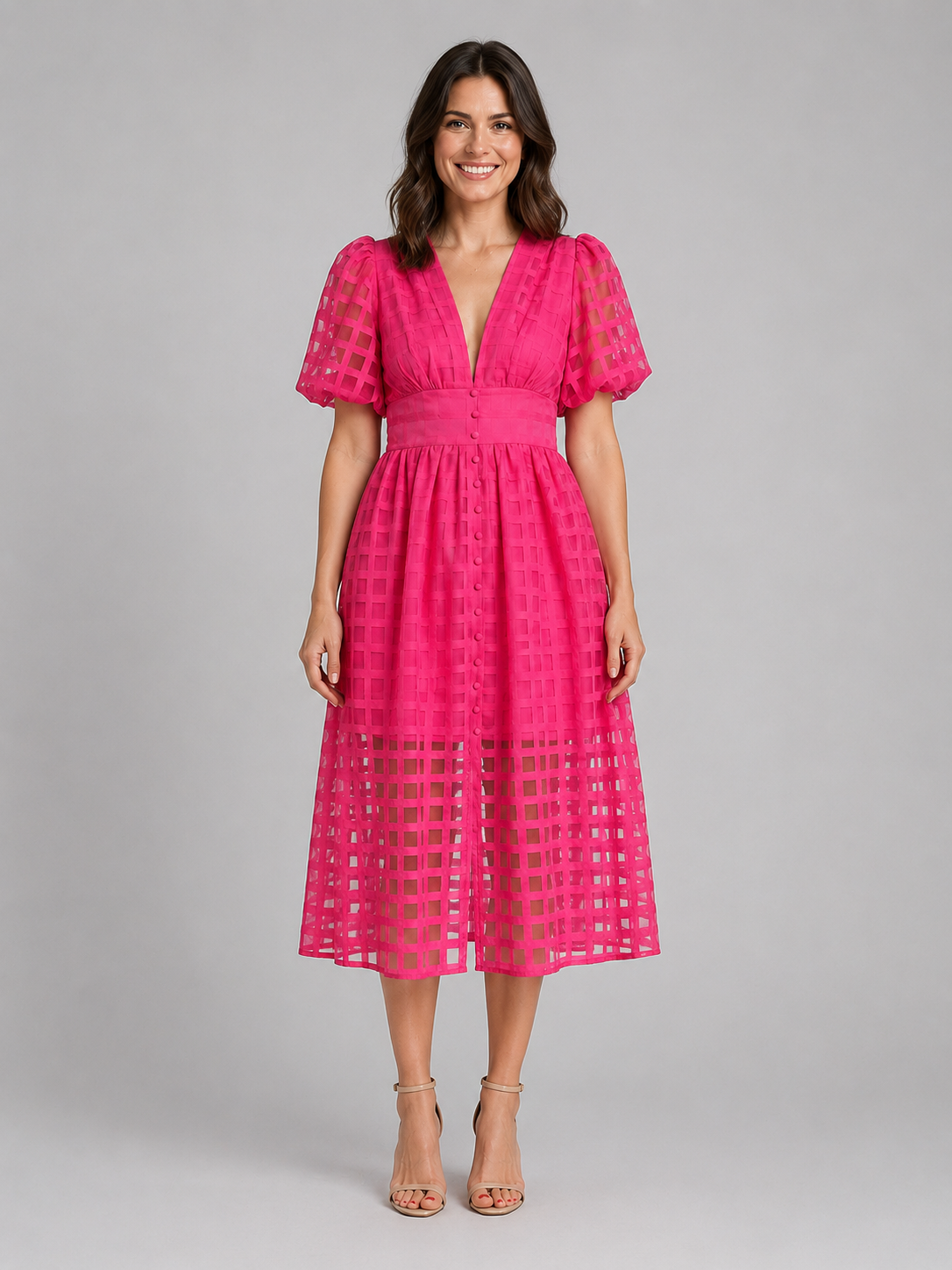 Women's Lattice Detail Puff Sleeve Midi Dress – Summer Occasion Style