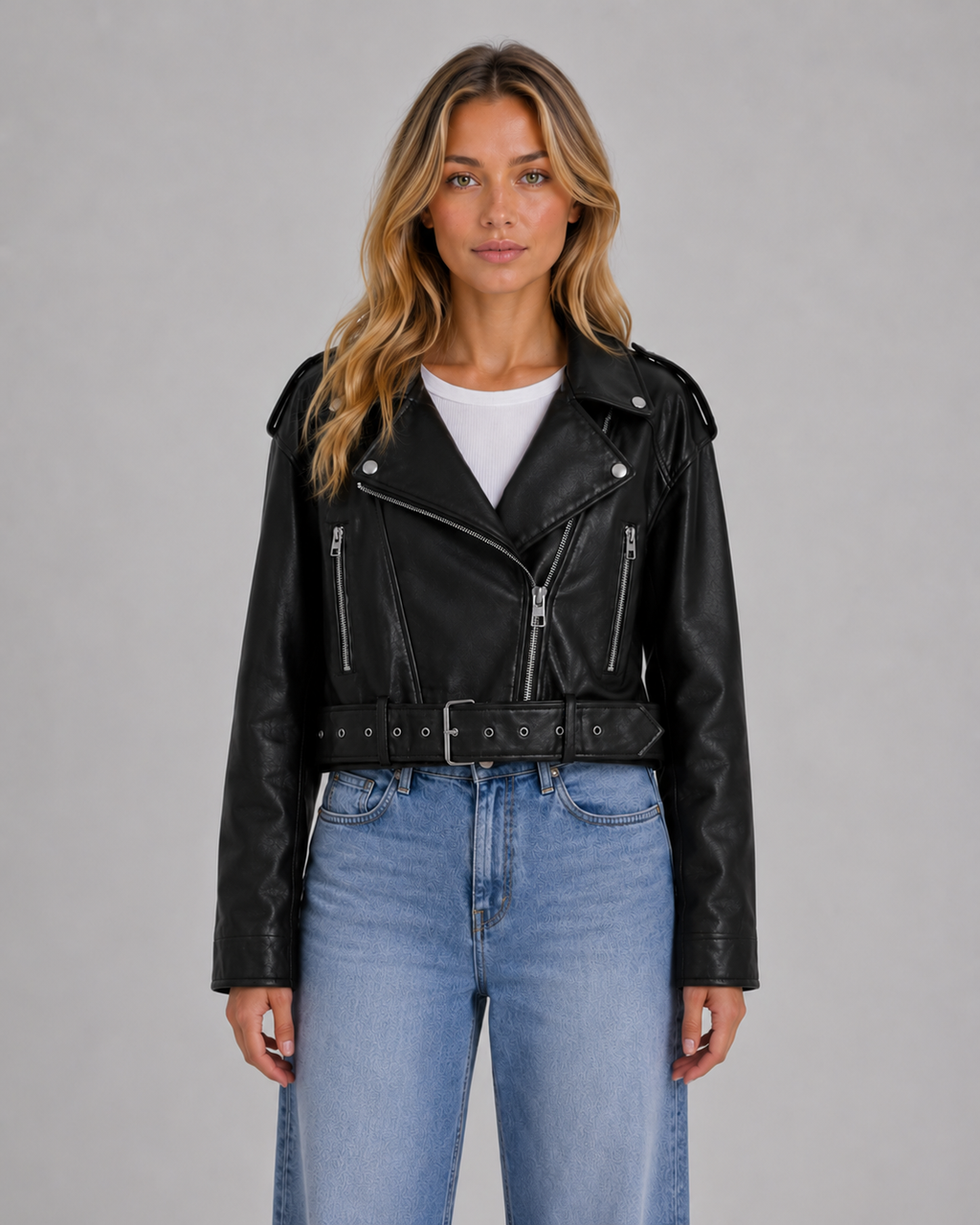 Women's Leather Look Biker Jacket – Relaxed Fit Belted Moto Style