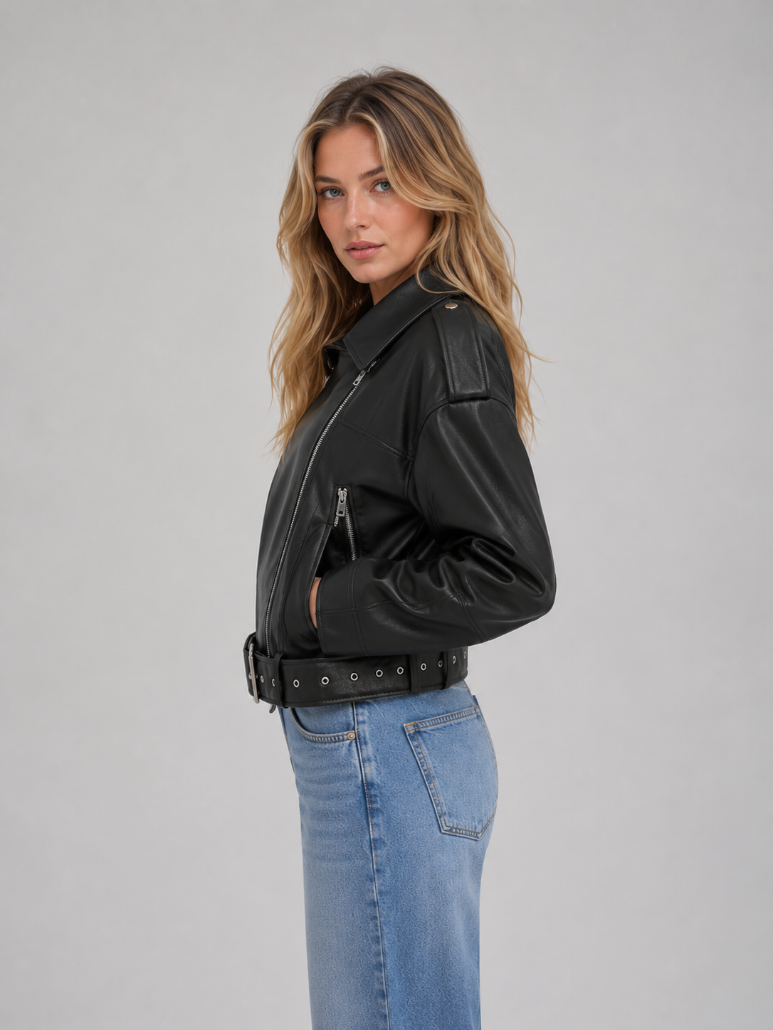 Women's Leather Look Biker Jacket – Relaxed Fit Belted Moto Style