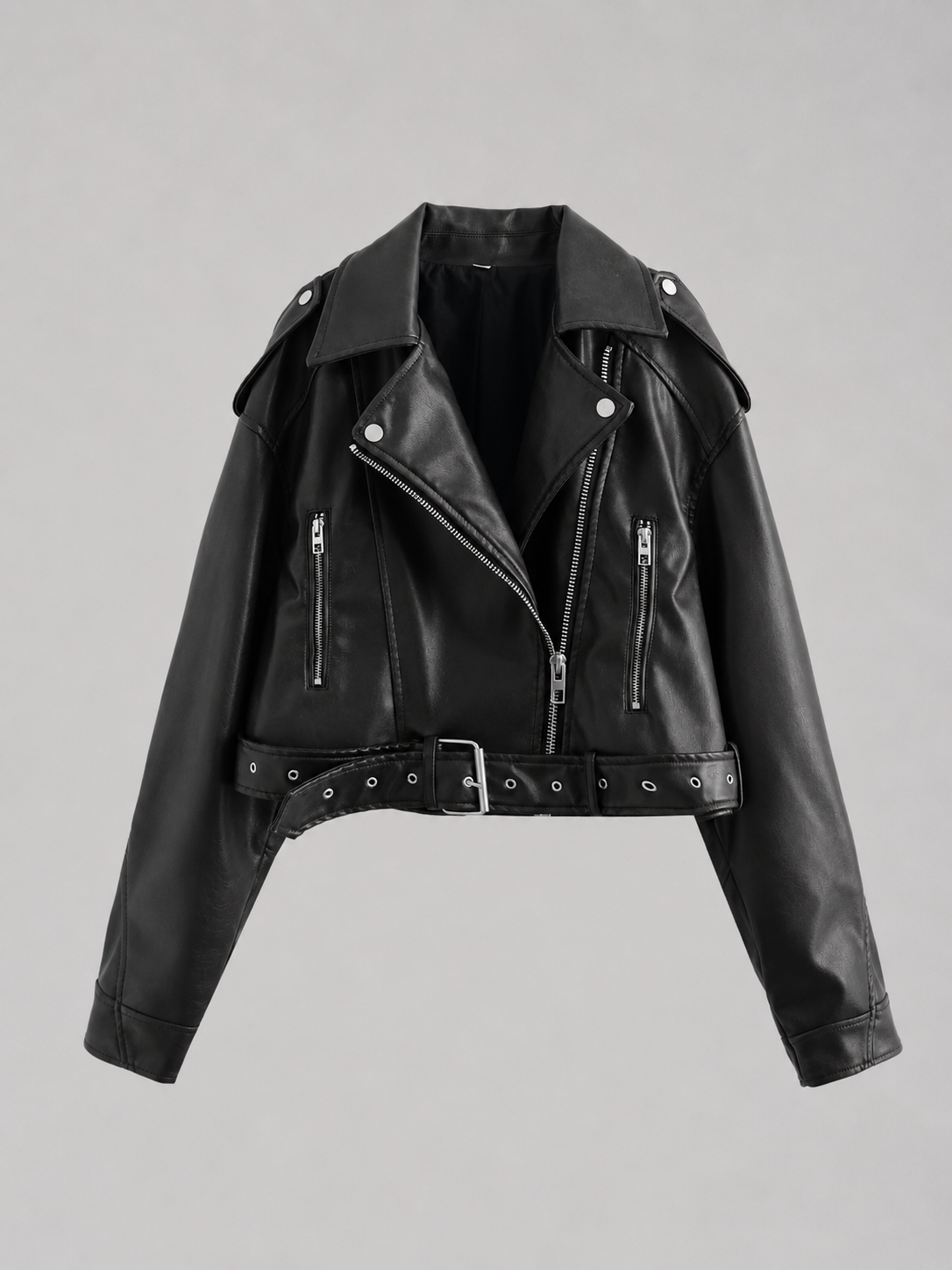 Women's Leather Look Biker Jacket – Relaxed Fit Belted Moto Style