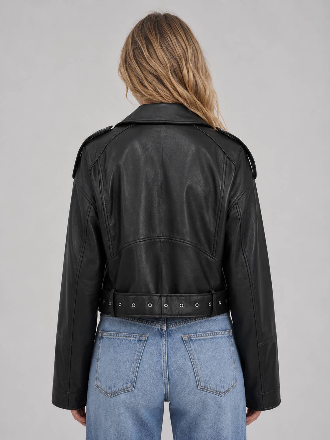 Women's Leather Look Biker Jacket – Relaxed Fit Belted Moto Style