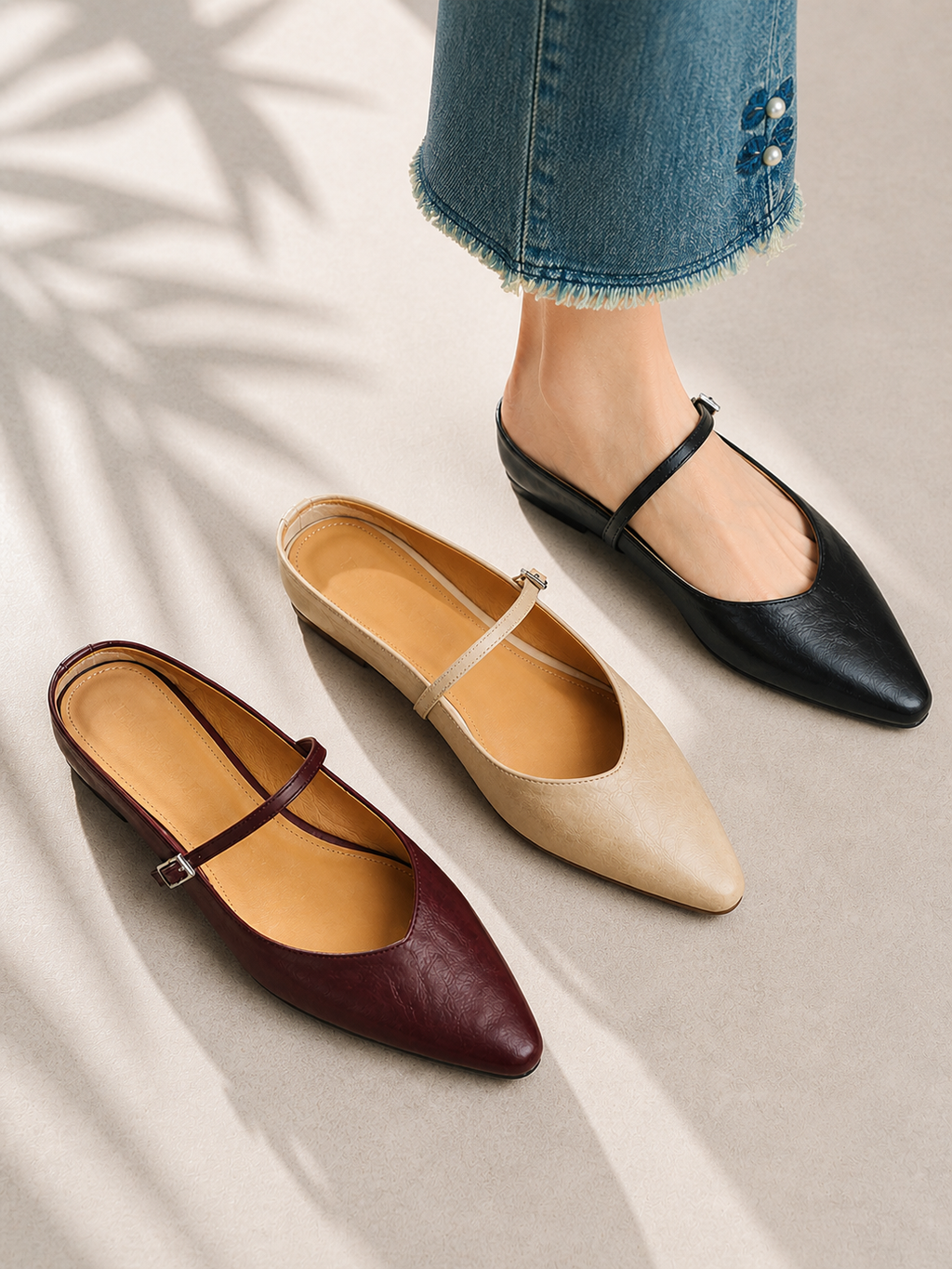 Women’s Leather Mary Jane Mules – Pointed Toe Minimal Design