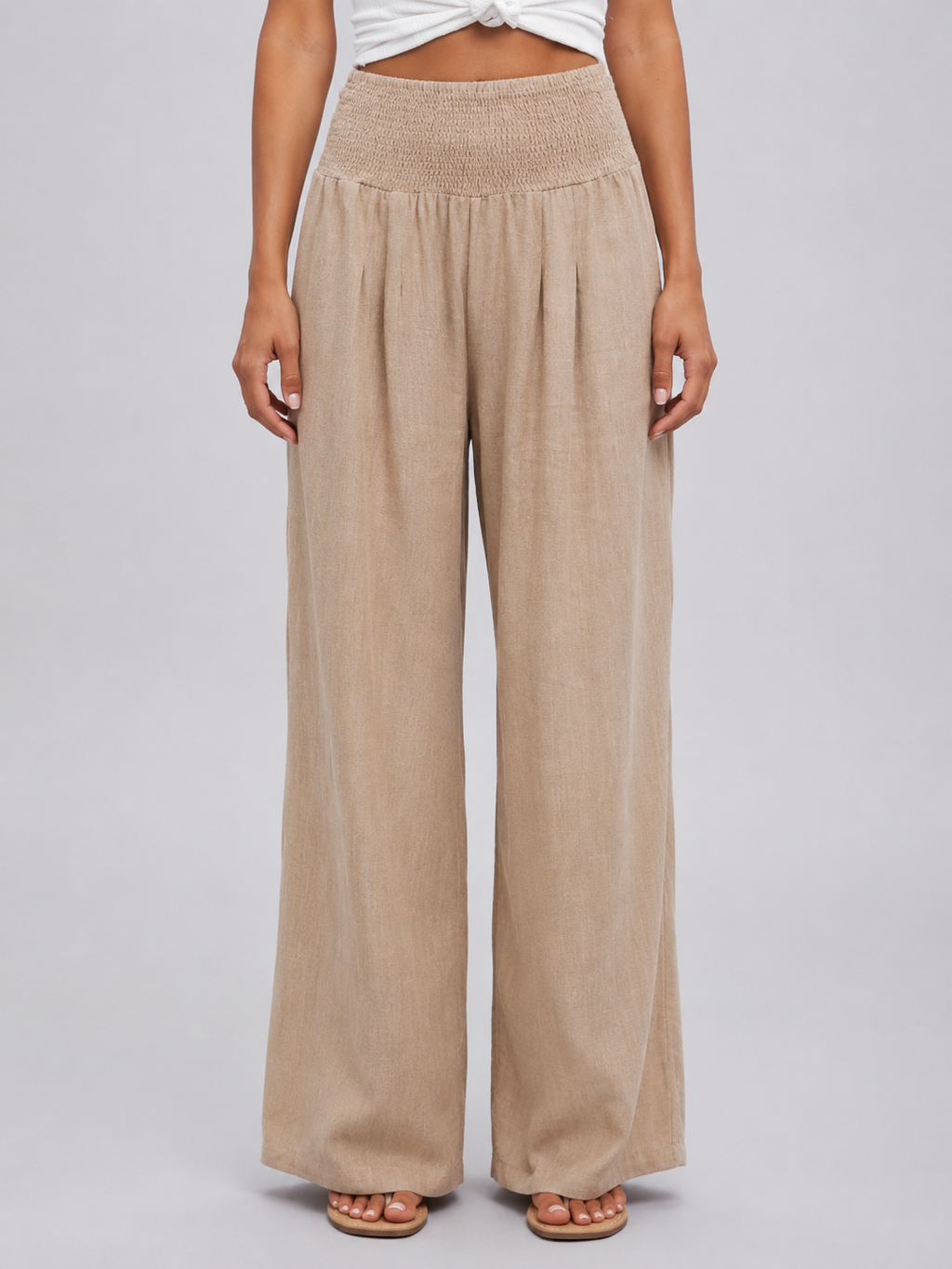 Women’s Linen Look Wide Leg Trousers – Smocked High Waist Summer Style