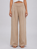 Women’s Linen Look Wide Leg Trousers – Smocked High Waist Summer Style