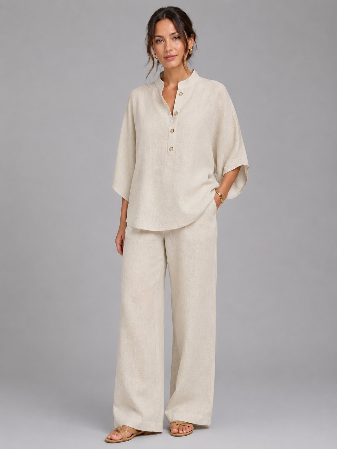 Women’s Linen Style Two-Piece Set – Relaxed Wide-Leg Fit