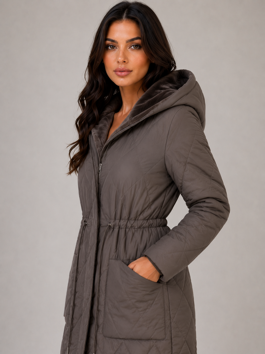 Women’s Long Quilted Puffer Coat – Faux Fur Collar Winter Coat