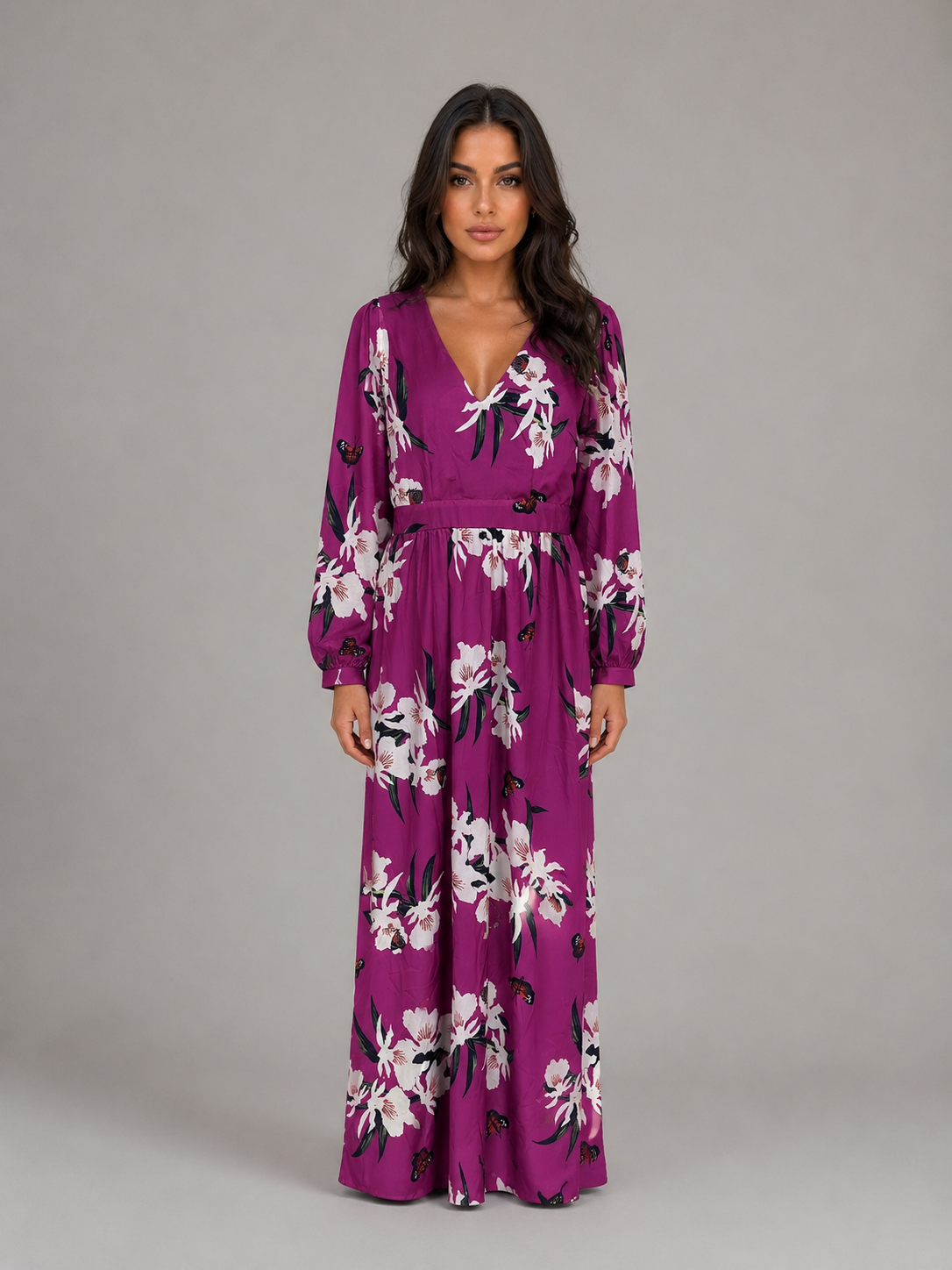Women's Long Sleeve Floral Maxi Dress – Flattering Waist-Tie