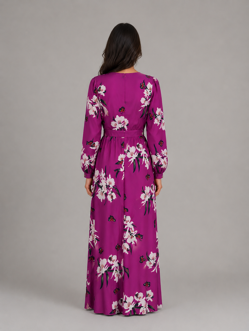 Women's Long Sleeve Floral Maxi Dress – Flattering Waist-Tie
