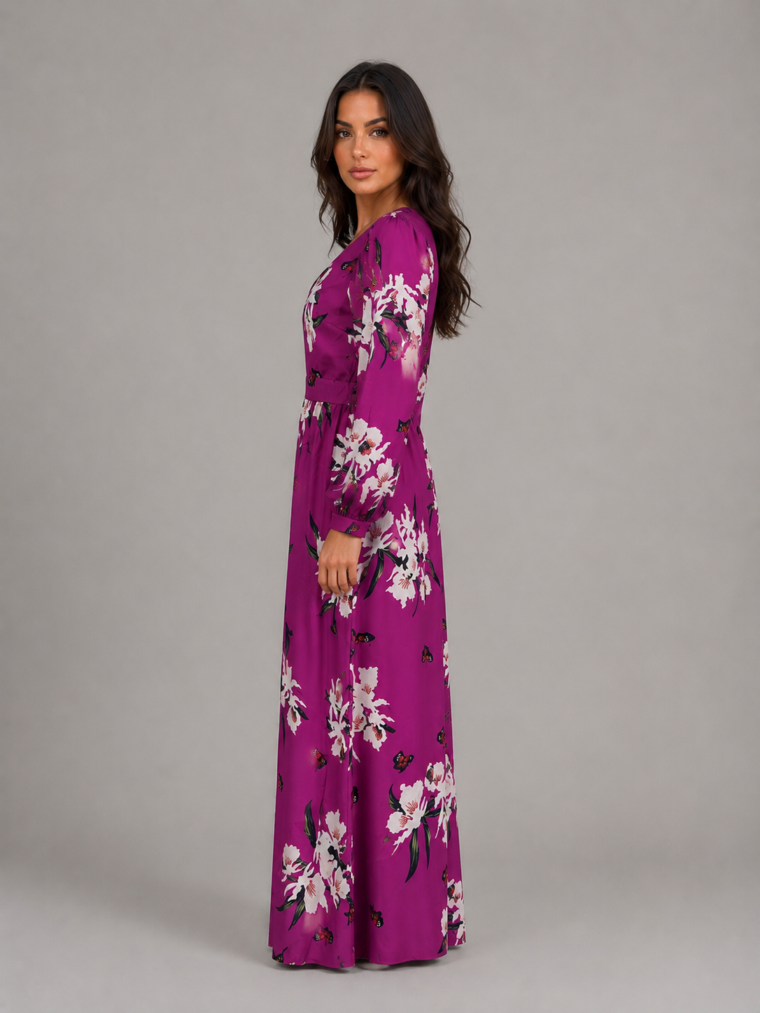 Women's Long Sleeve Floral Maxi Dress – Flattering Waist-Tie