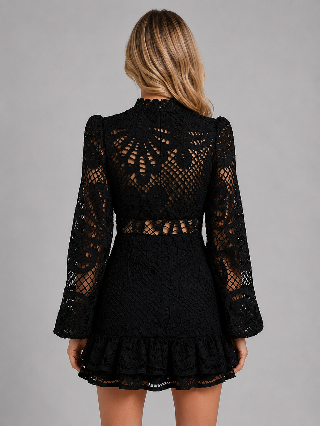Women's Long Sleeve Lace Mini Dress – High Neck Cut Out Style