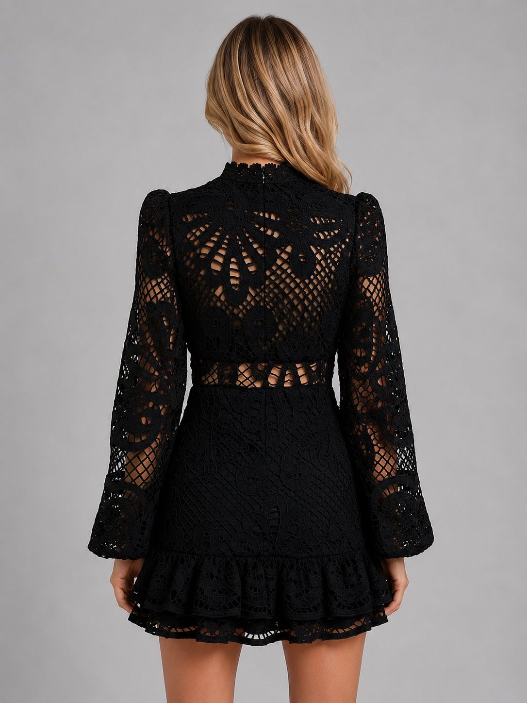Women's Long Sleeve Lace Mini Dress – High Neck Cut Out Style